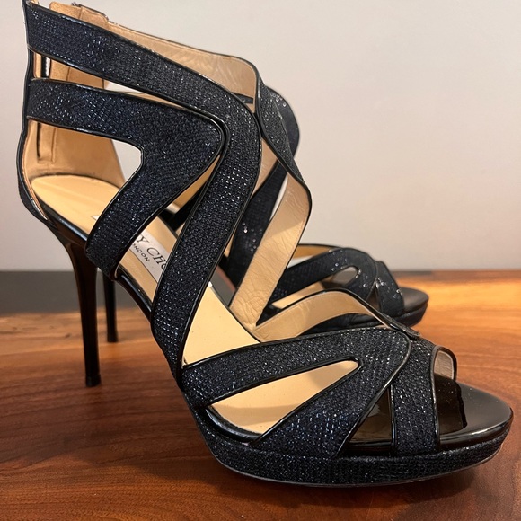 Jimmy Choo Blue Lamé Fabric And Glitter Leila Sandals Size 38 (US 7.5) - Picture 2 of 7